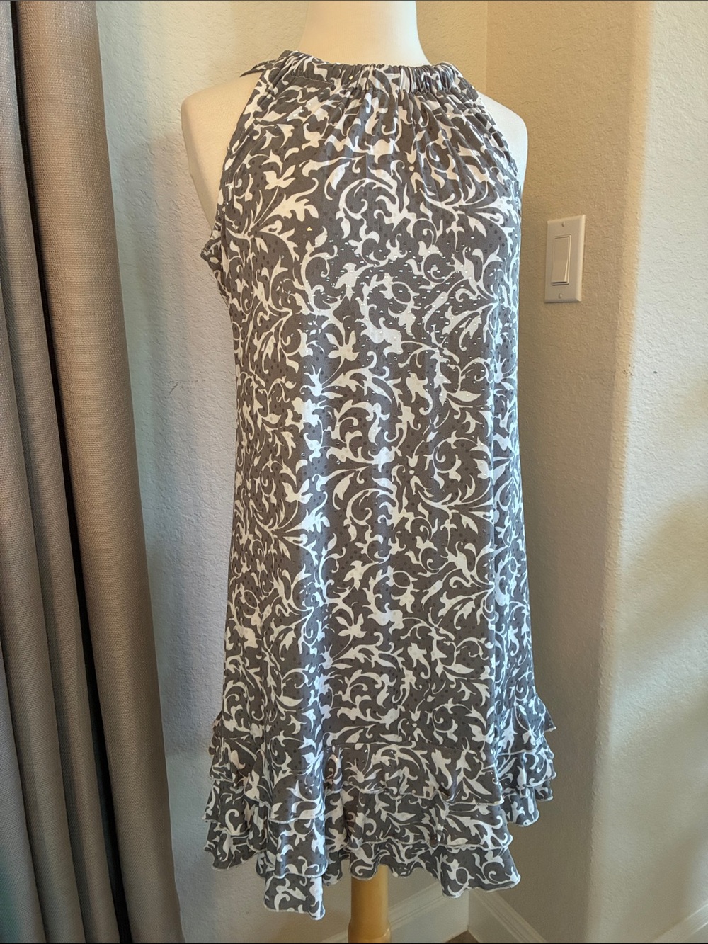 MSK Gray and White Halter Dress with Ruffle Hem